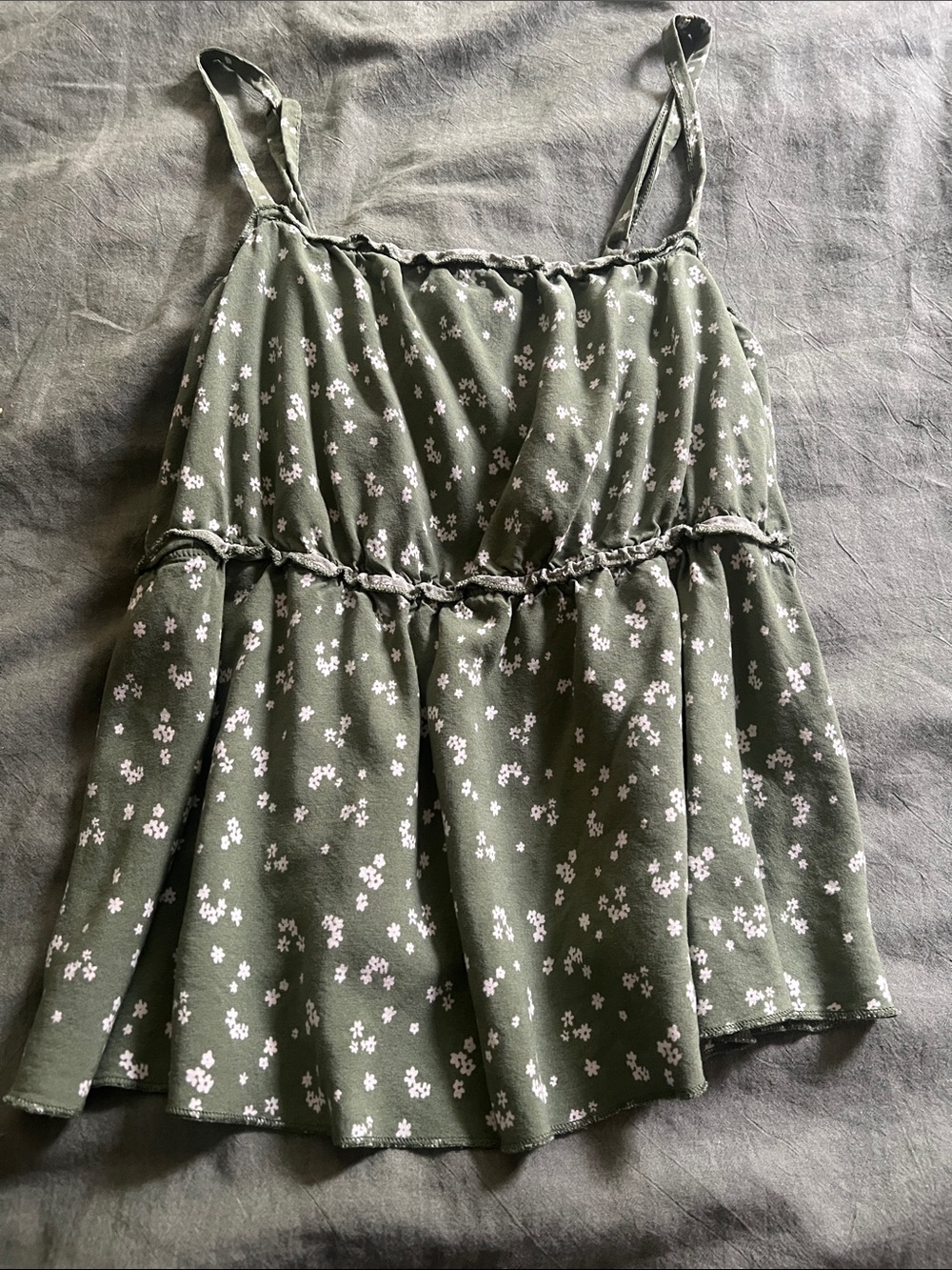 Women’s Olive Green Floral Spaghetti Strap Baby Doll Top